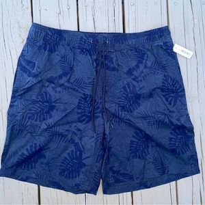 Hawaiian Shorts Mens Large Navy Blue Golf Palm Trees Floral Drawstring Pockets